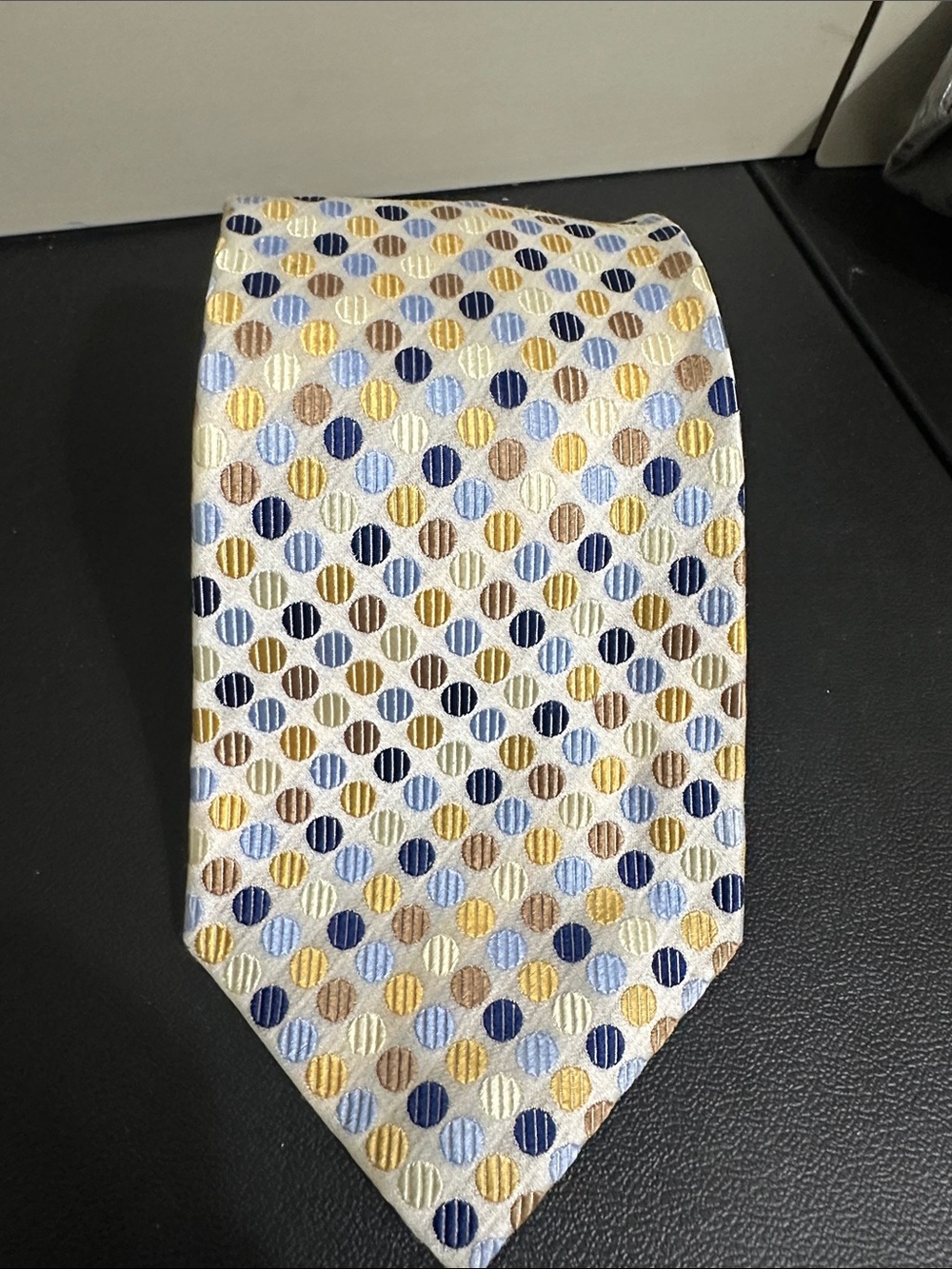 Geoffrey Beene Silk Tie in Navy, Gold & Light Blue Polka Dot